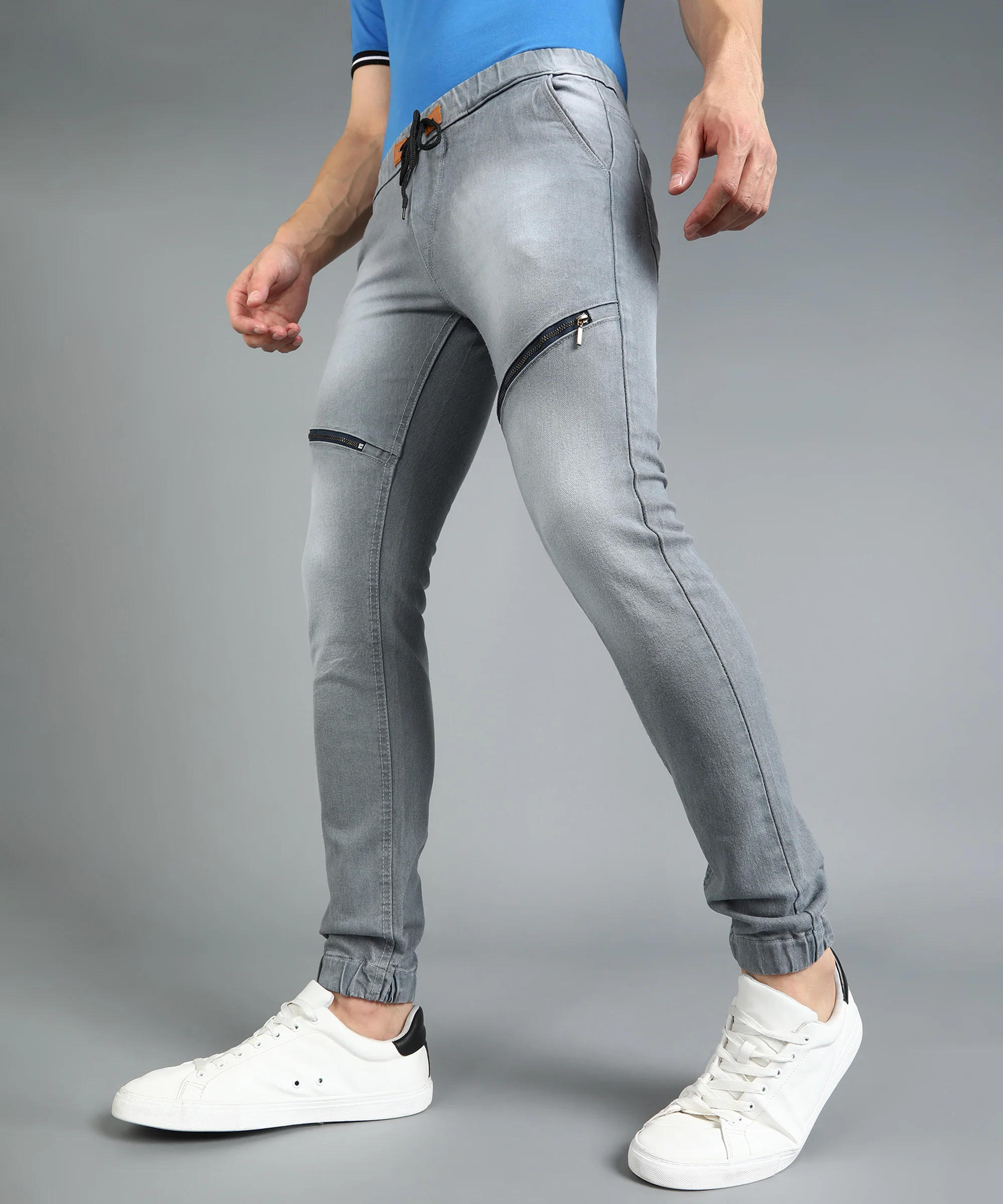 Men's Light Grey Slim Fit Zippered Jogger Jeans Stretchable - Image 2