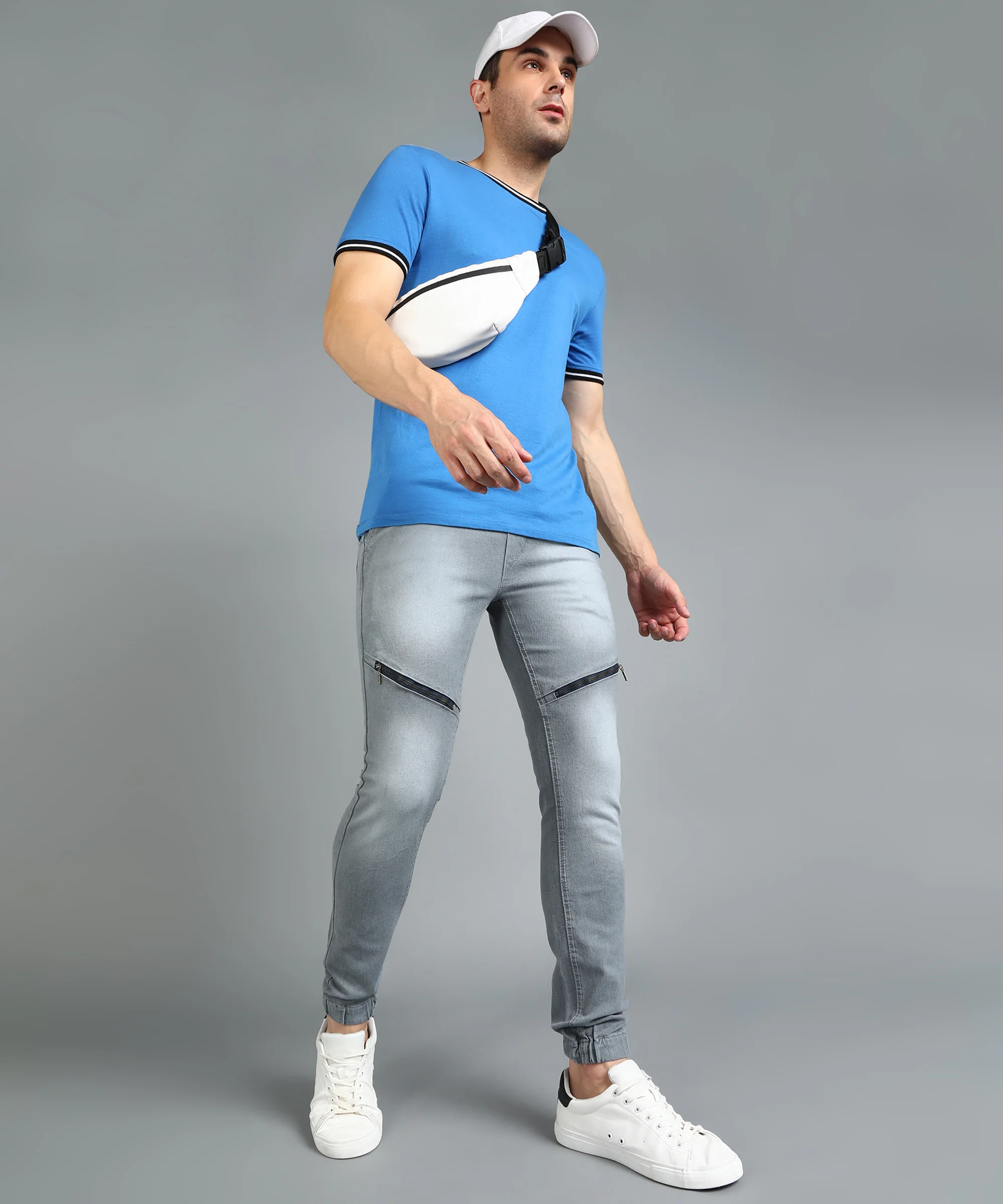 Men's Light Grey Slim Fit Zippered Jogger Jeans Stretchable - Image 4