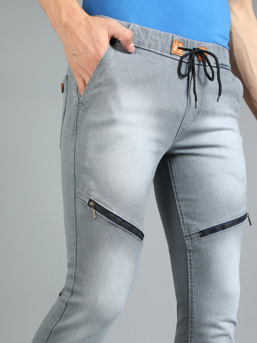 Men's Light Grey Slim Fit Zippered Jogger Jeans Stretchable - Image 5