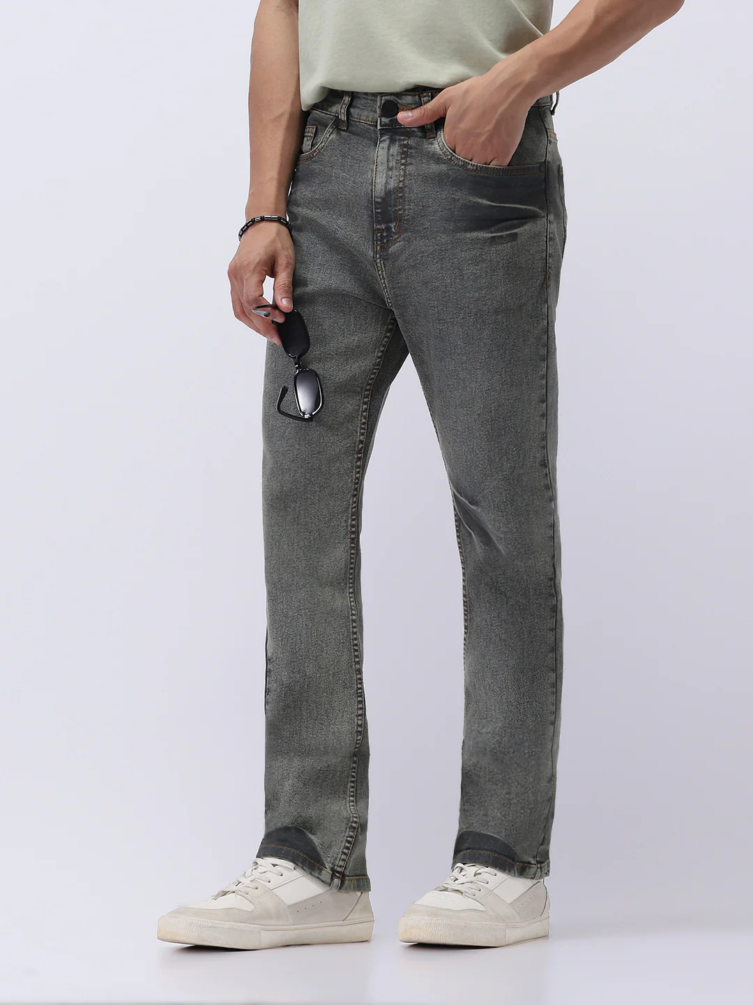 Men's Light Grey Straight Fit Heavy Washed Jeans Stretchable - Image 2