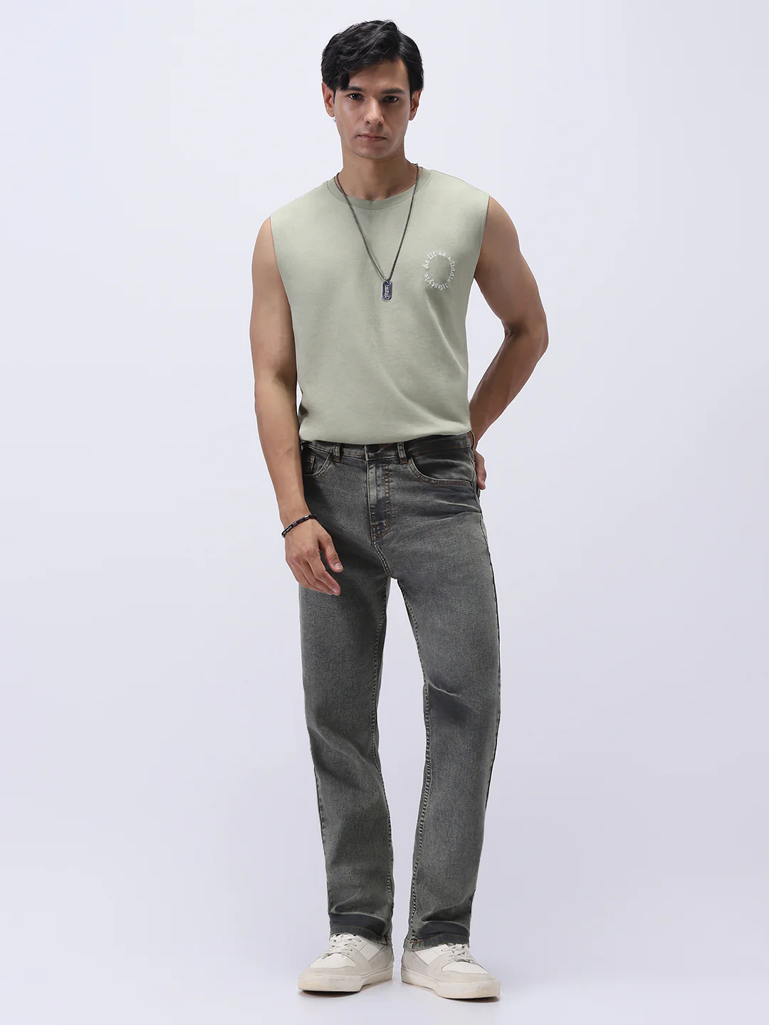 Men's Light Grey Straight Fit Heavy Washed Jeans Stretchable - Image 4