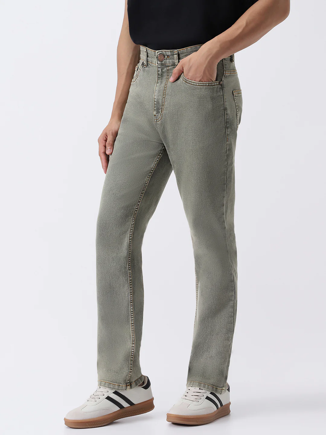 Men's Light Grey Straight Fit Heavy Washed Jeans Stretchable - Image 2