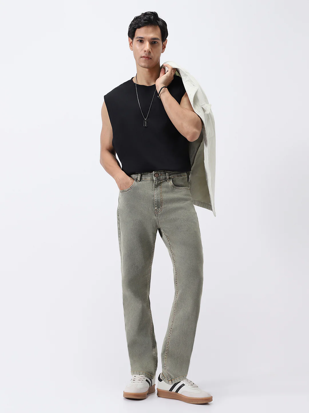 Men's Light Grey Straight Fit Heavy Washed Jeans Stretchable - Image 4