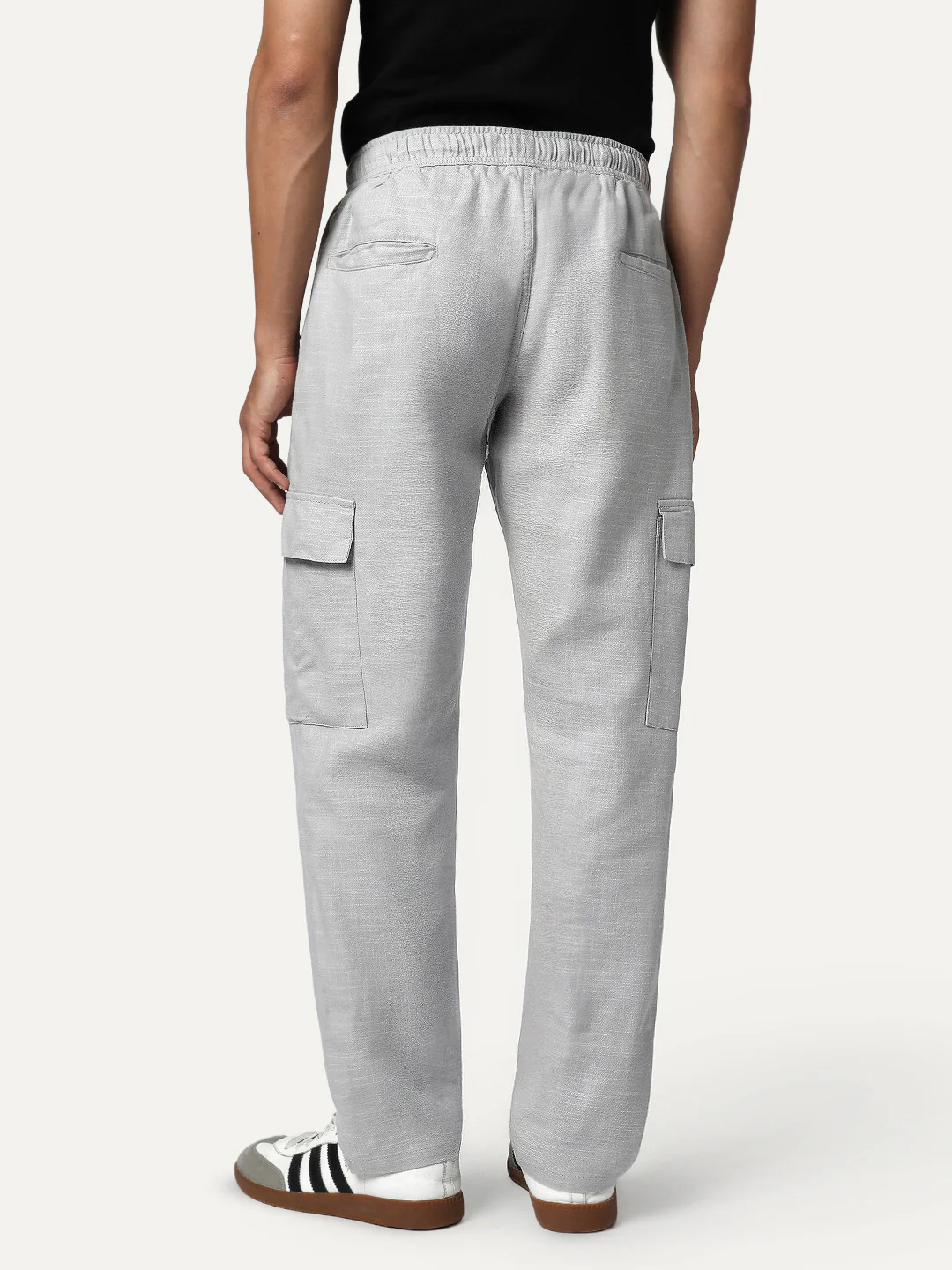 Men's Light Grey Straight Fit Linen Cargo Pants with 6 Pockets - Image 3