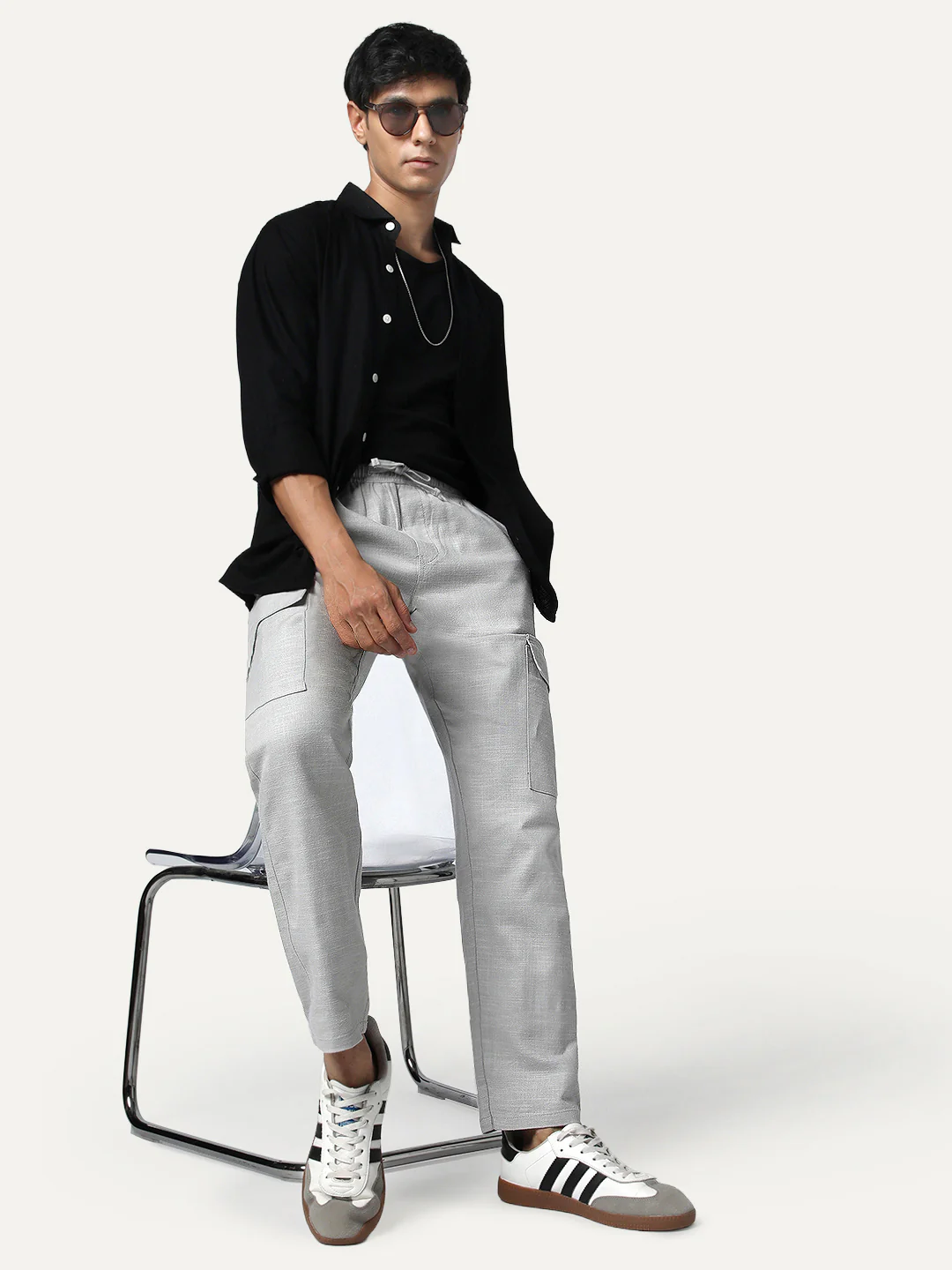 Men's Light Grey Straight Fit Linen Cargo Pants with 6 Pockets - Image 4