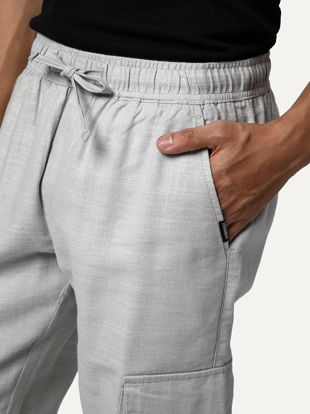 Men's Light Grey Straight Fit Linen Cargo Pants with 6 Pockets - Image 5