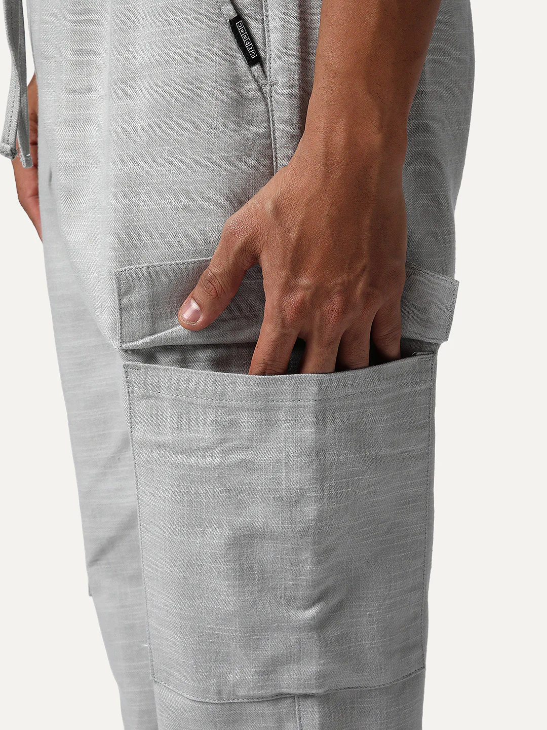 Men's Light Grey Straight Fit Linen Cargo Pants with 6 Pockets - Image 6
