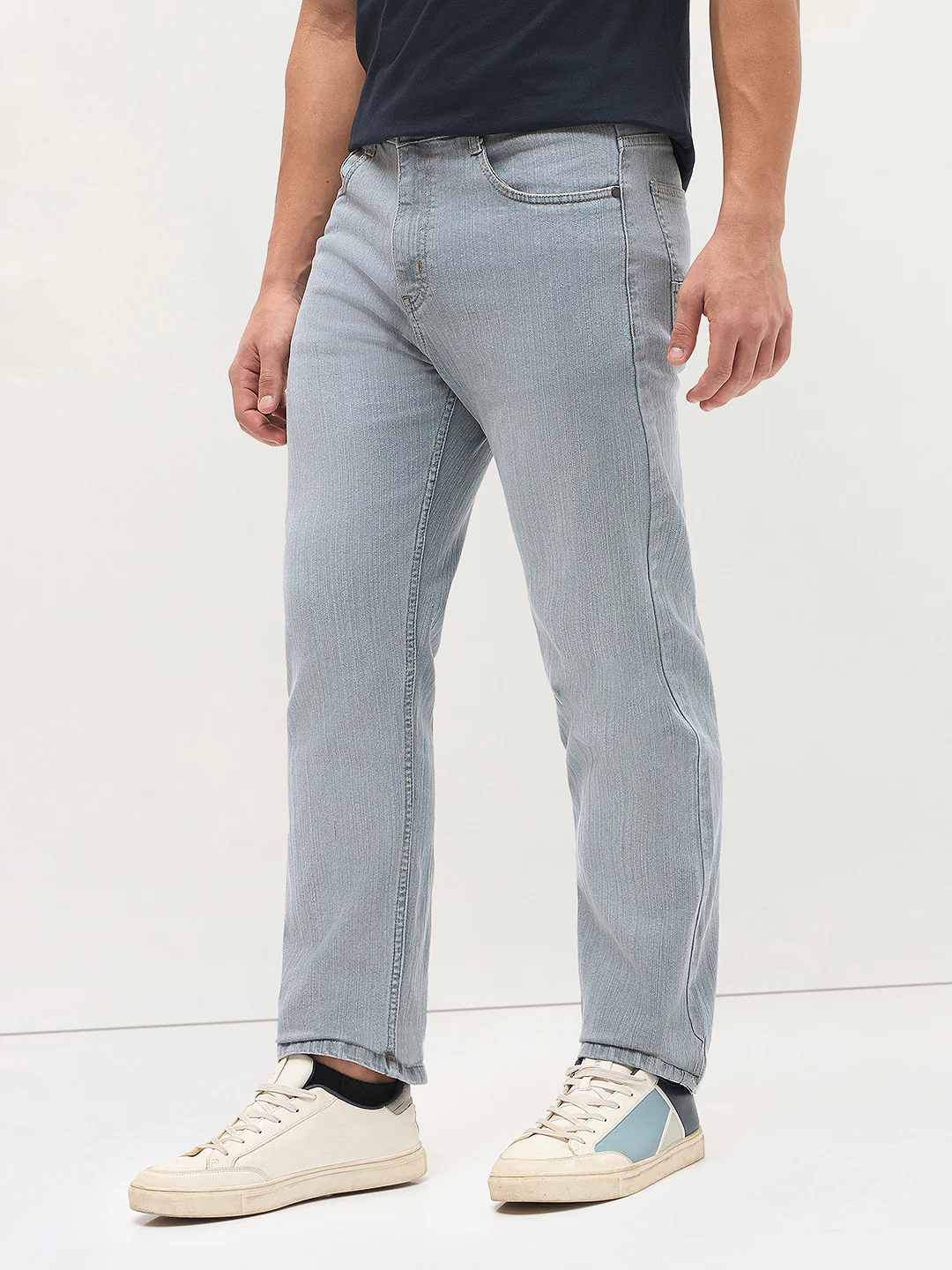 Men's Light Grey Straight Fit Washed Denim Jeans Stretchable - Image 3