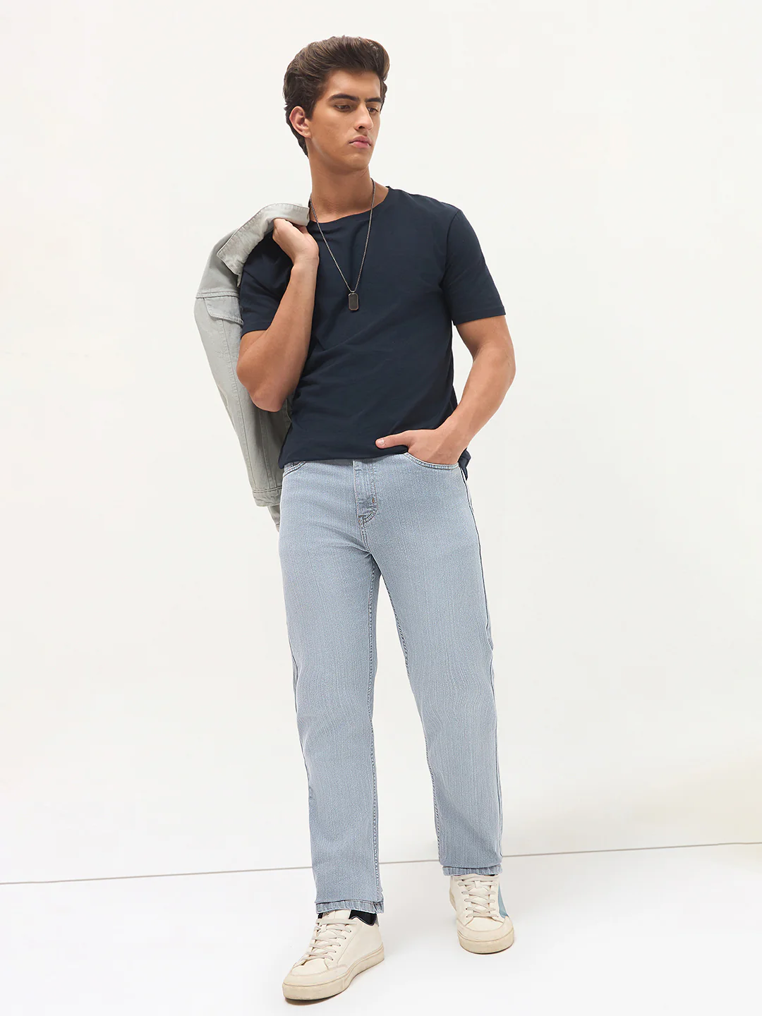 Men's Light Grey Straight Fit Washed Denim Jeans Stretchable - Image 5