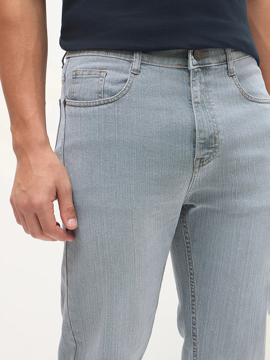 Men's Light Grey Straight Fit Washed Denim Jeans Stretchable - Image 6