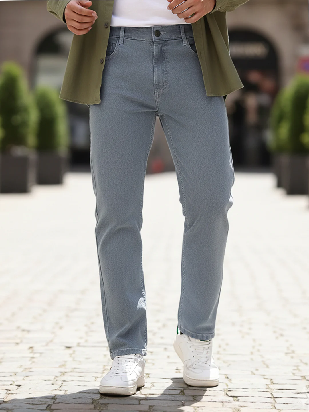 Men's Light Grey Straight Fit Washed Jeans Stretchable