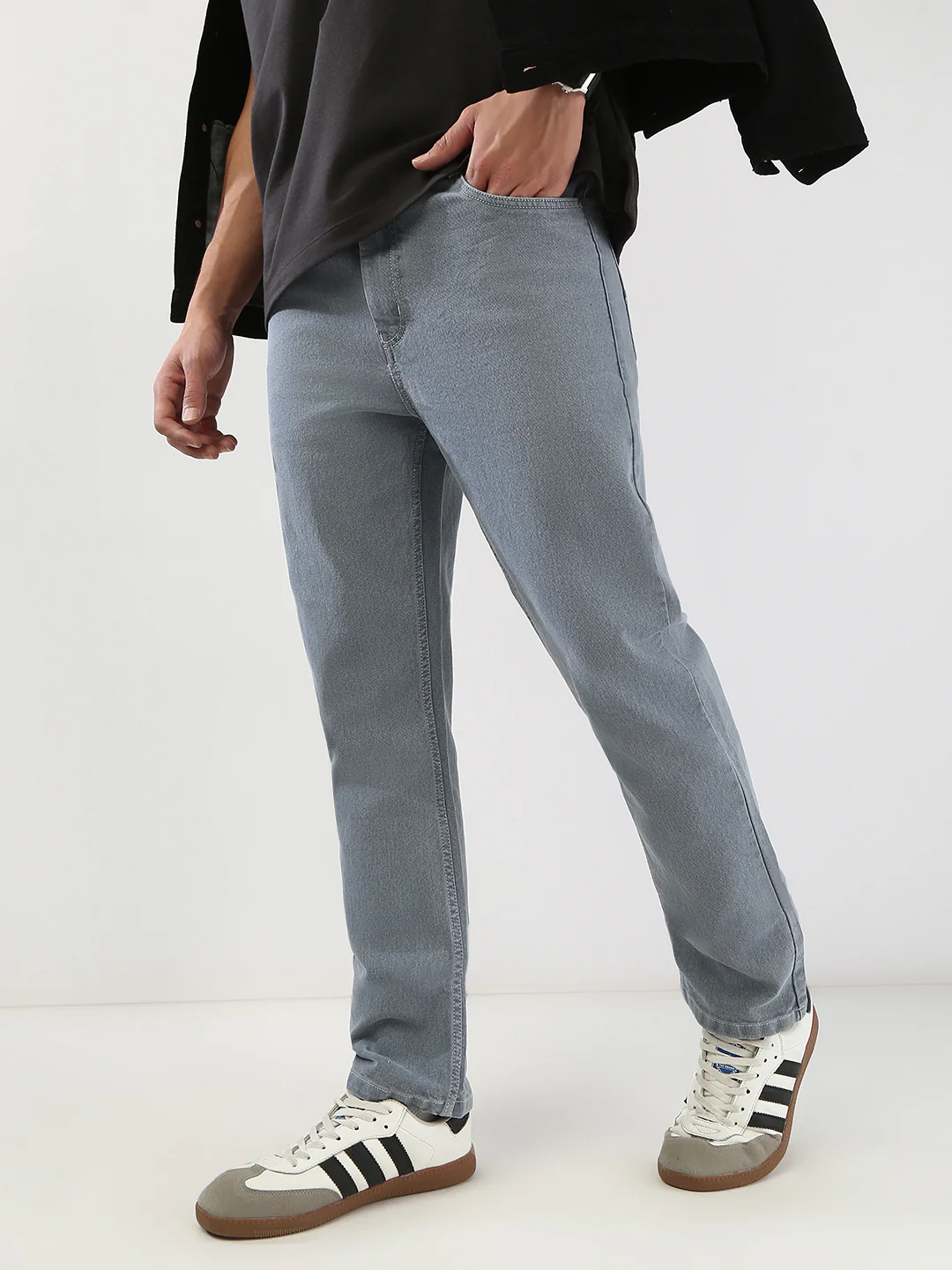 Men's Light Grey Straight Fit Washed Jeans Stretchable - Image 2