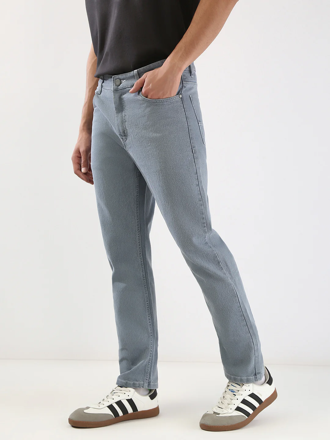 Men's Light Grey Straight Fit Washed Jeans Stretchable - Image 3