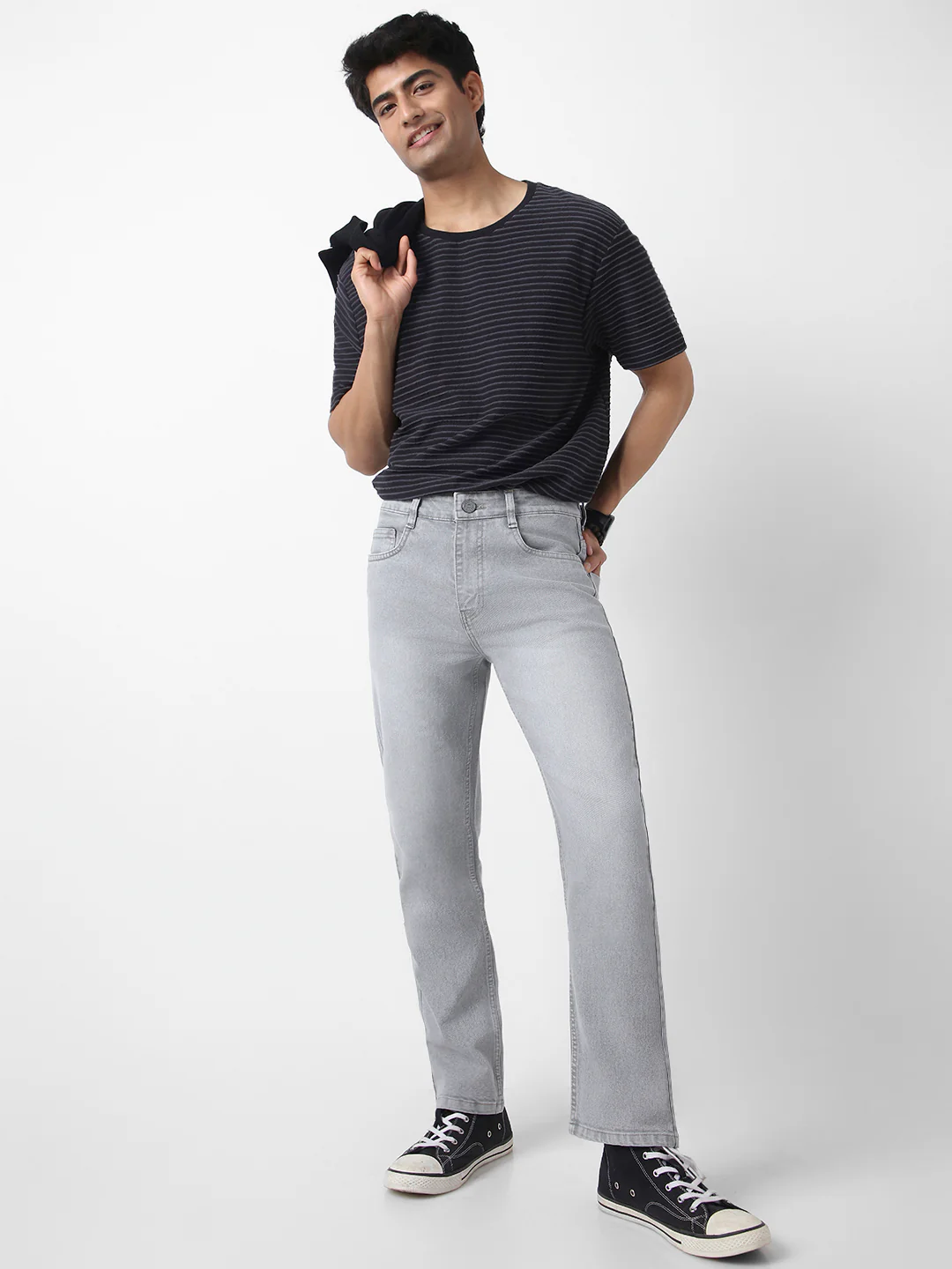 Men's Light Grey Straight Fit Washed Jeans Stretchable - Image 4