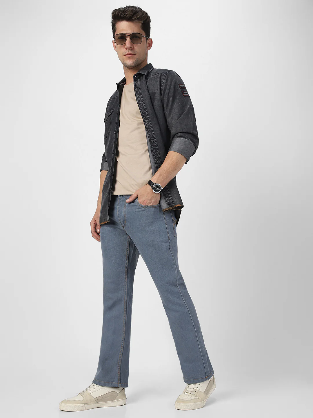 Men's Light Grey Washed Bootcut Jeans Stretchable - Image 5