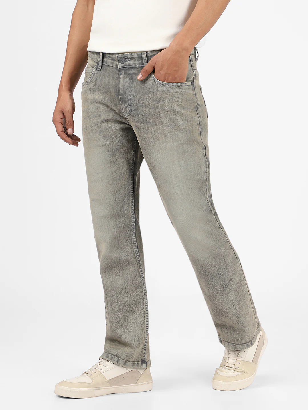 Men's Light Grey Washed Bootcut Jeans Stretchable - Image 2