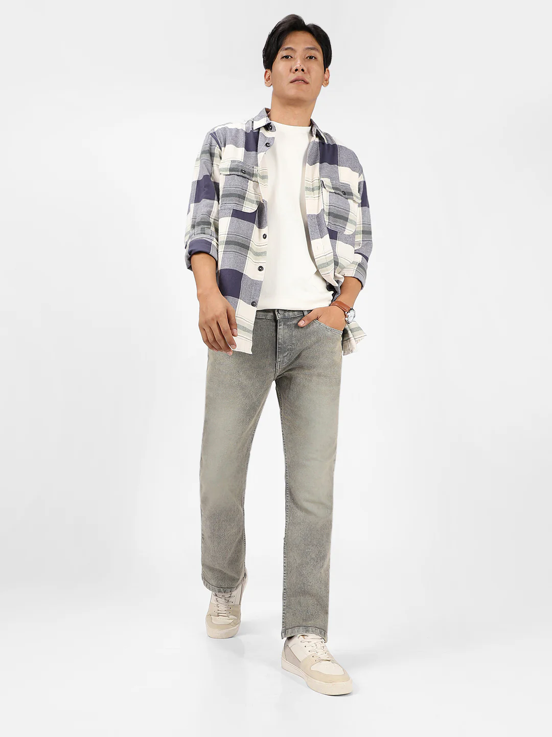 Men's Light Grey Washed Bootcut Jeans Stretchable - Image 4