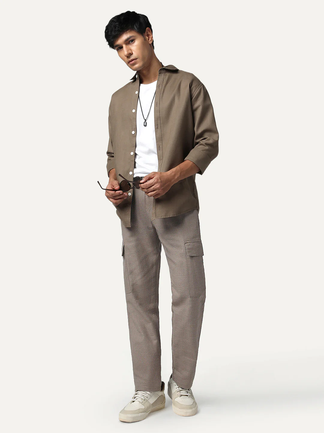 Men's Light Khaki Straight Fit Linen Cargo Pants with 6 Pockets - Image 4