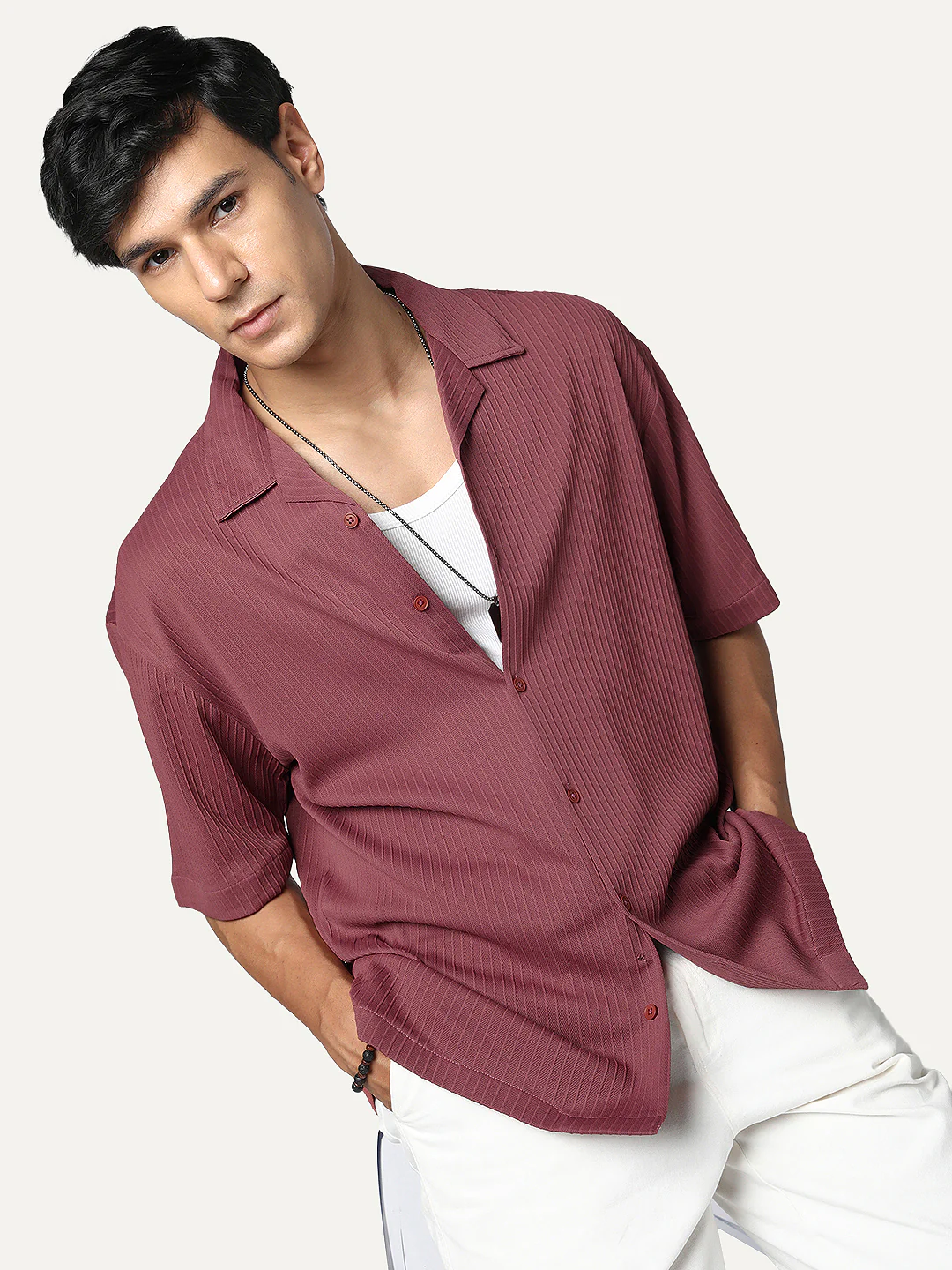 Men's Light Maroon Cotton Half Sleeve Oversized Fit Textured Shirt with Cuban Collar