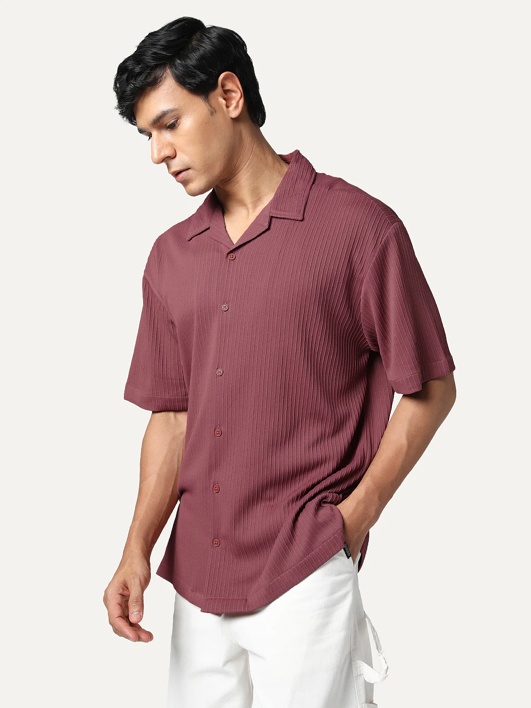 Men's Light Maroon Cotton Half Sleeve Oversized Fit Textured Shirt with Cuban Collar - Image 2