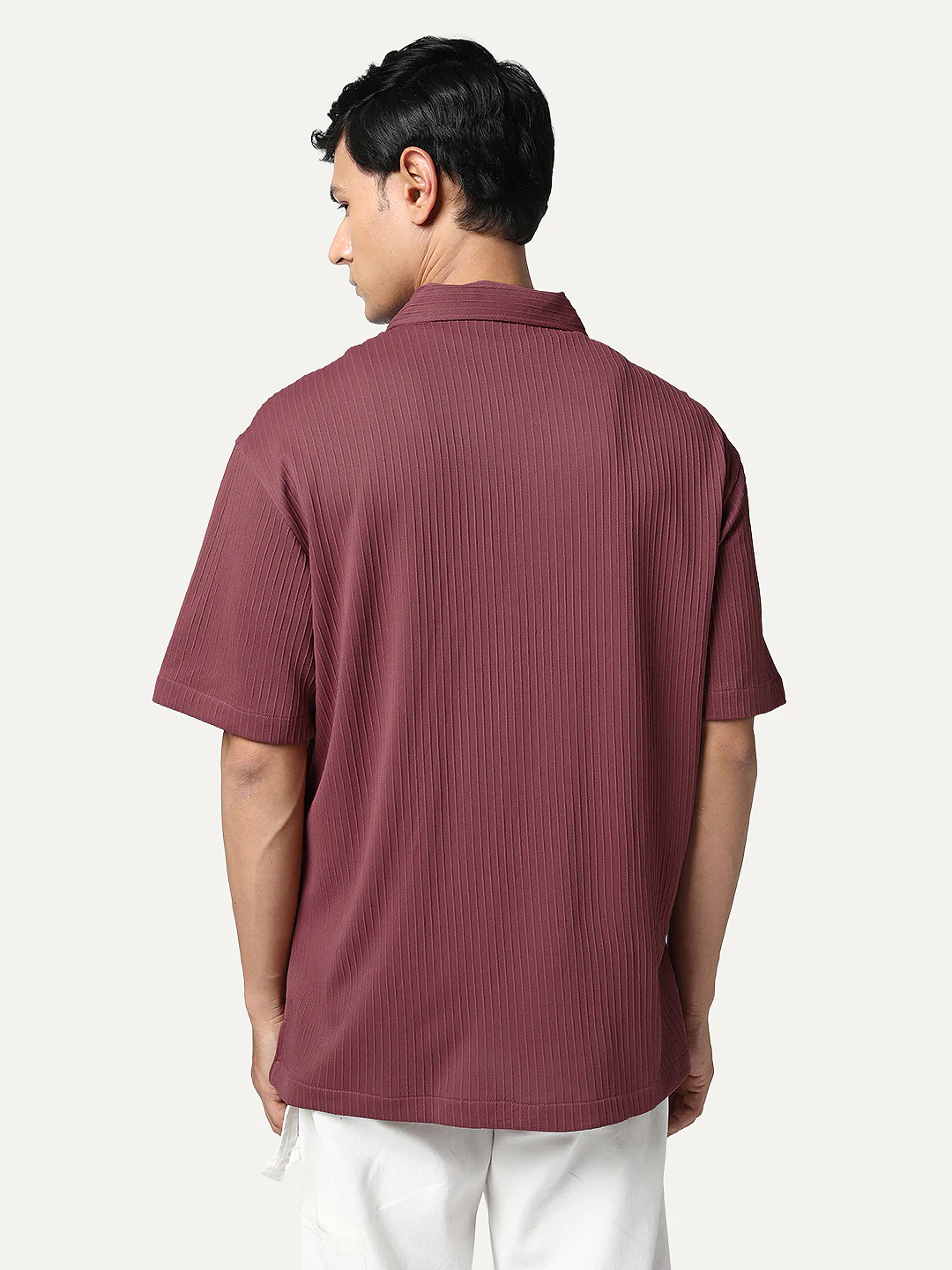 Men's Light Maroon Cotton Half Sleeve Oversized Fit Textured Shirt with Cuban Collar - Image 3
