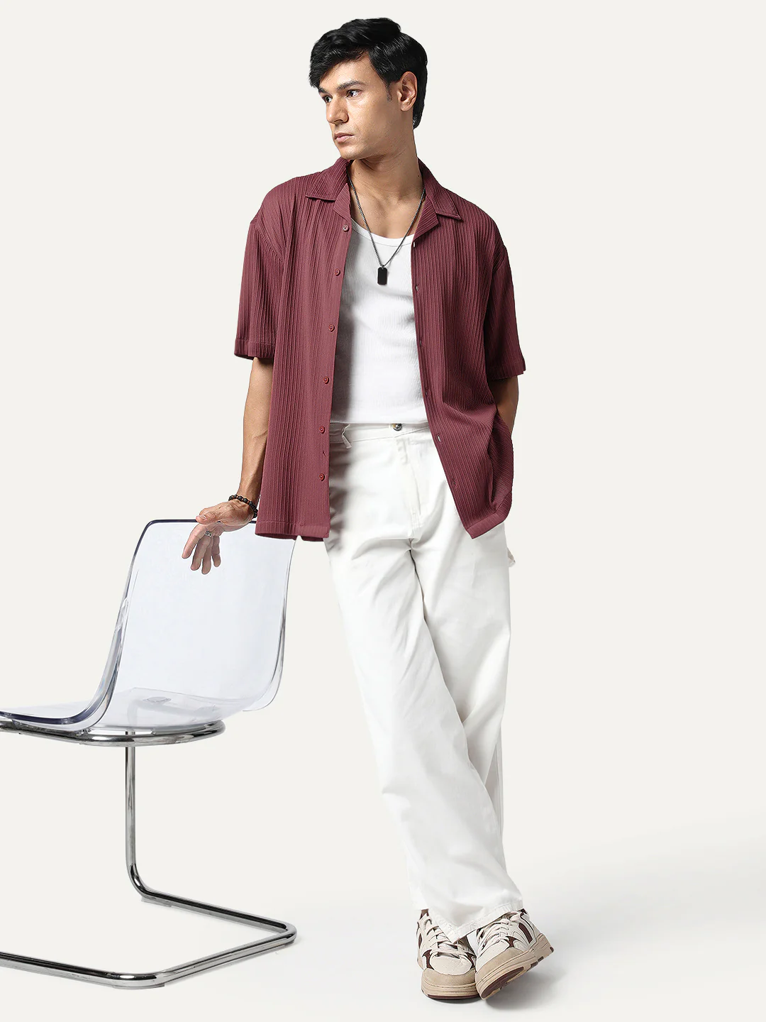 Men's Light Maroon Cotton Half Sleeve Oversized Fit Textured Shirt with Cuban Collar - Image 4