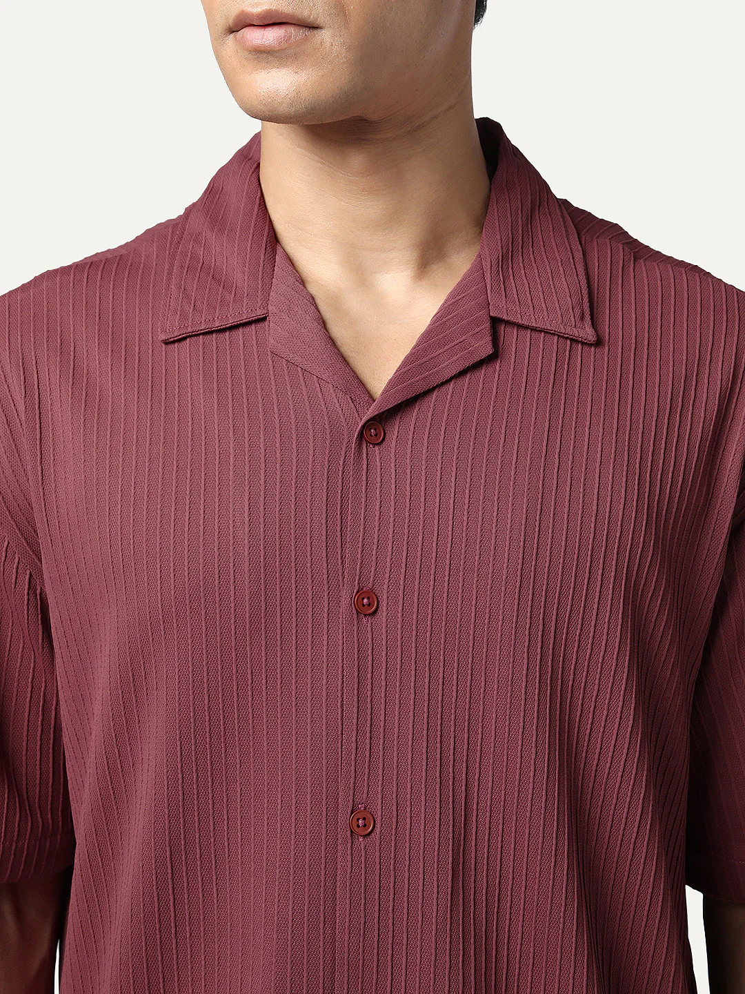 Men's Light Maroon Cotton Half Sleeve Oversized Fit Textured Shirt with Cuban Collar - Image 5