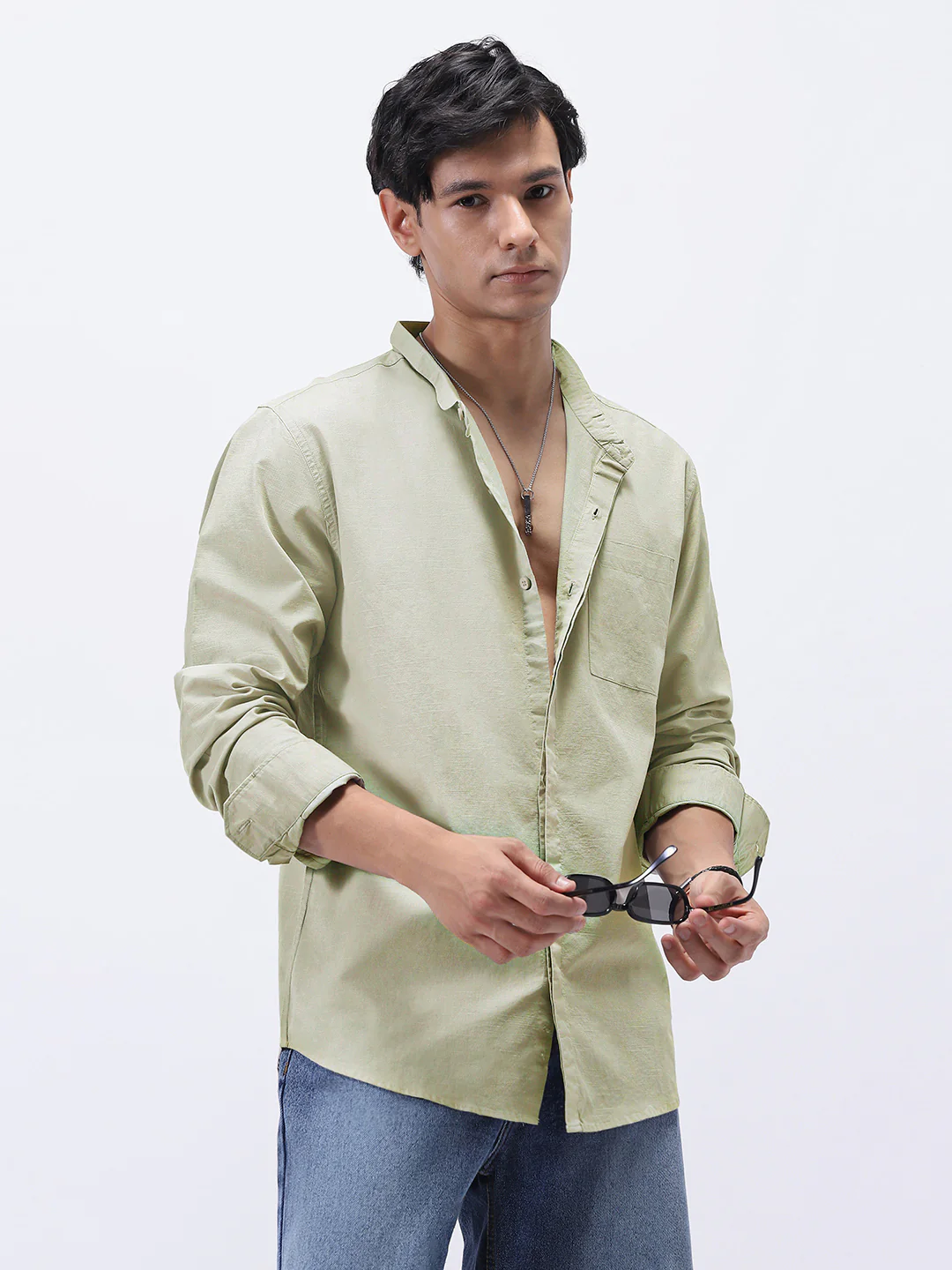 Men's Light Olive Cotton Full Sleeve Regular Fit Casual Solid Shirt with Band Collar