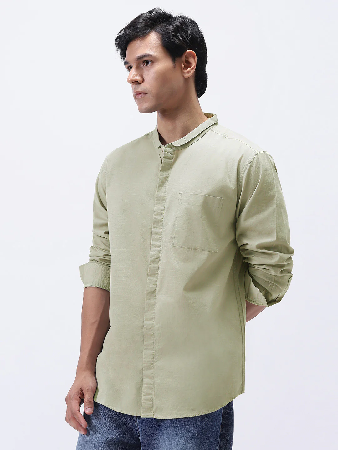 Men's Light Olive Cotton Full Sleeve Regular Fit Casual Solid Shirt with Band Collar - Image 2