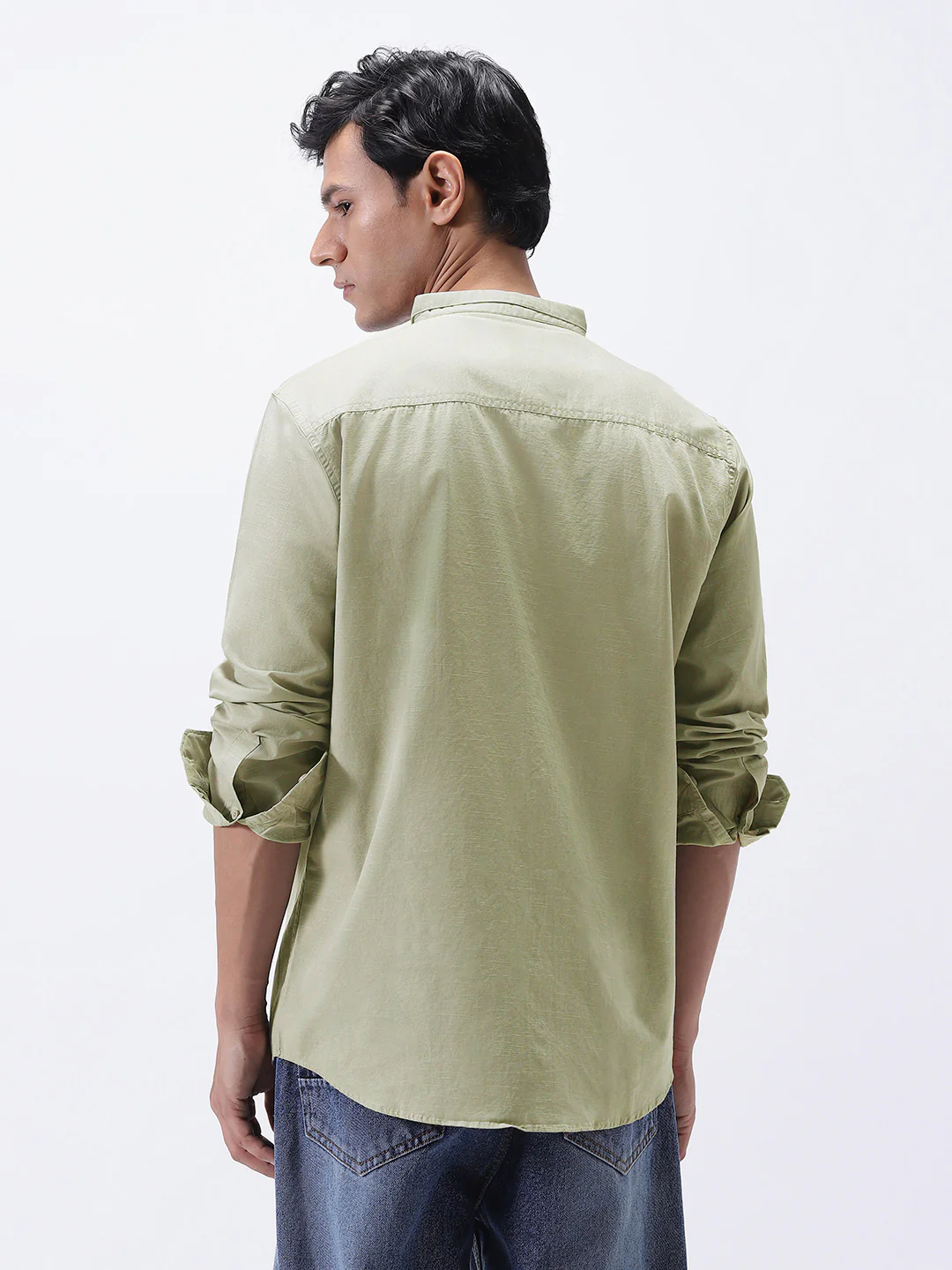 Men's Light Olive Cotton Full Sleeve Regular Fit Casual Solid Shirt with Band Collar - Image 3