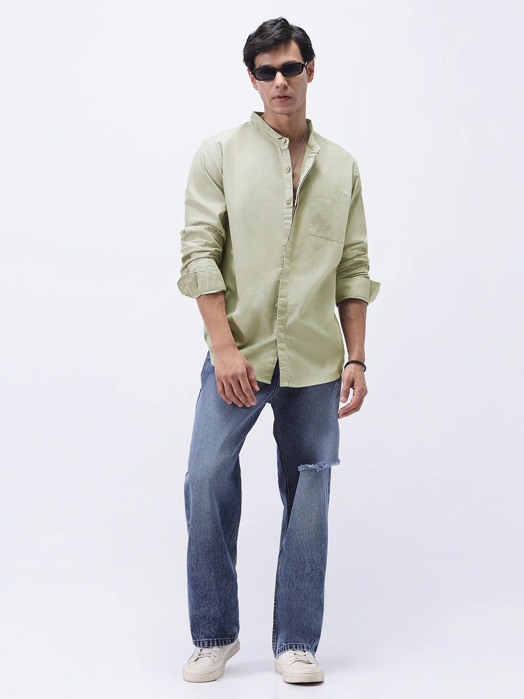 Men's Light Olive Cotton Full Sleeve Regular Fit Casual Solid Shirt with Band Collar - Image 4