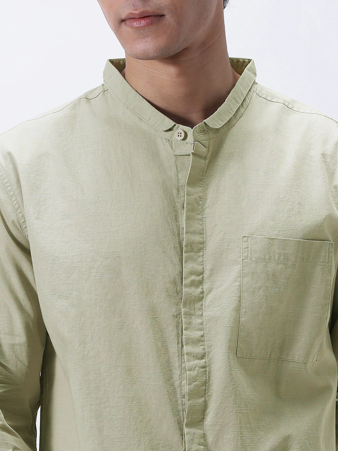 Men's Light Olive Cotton Full Sleeve Regular Fit Casual Solid Shirt with Band Collar - Image 5