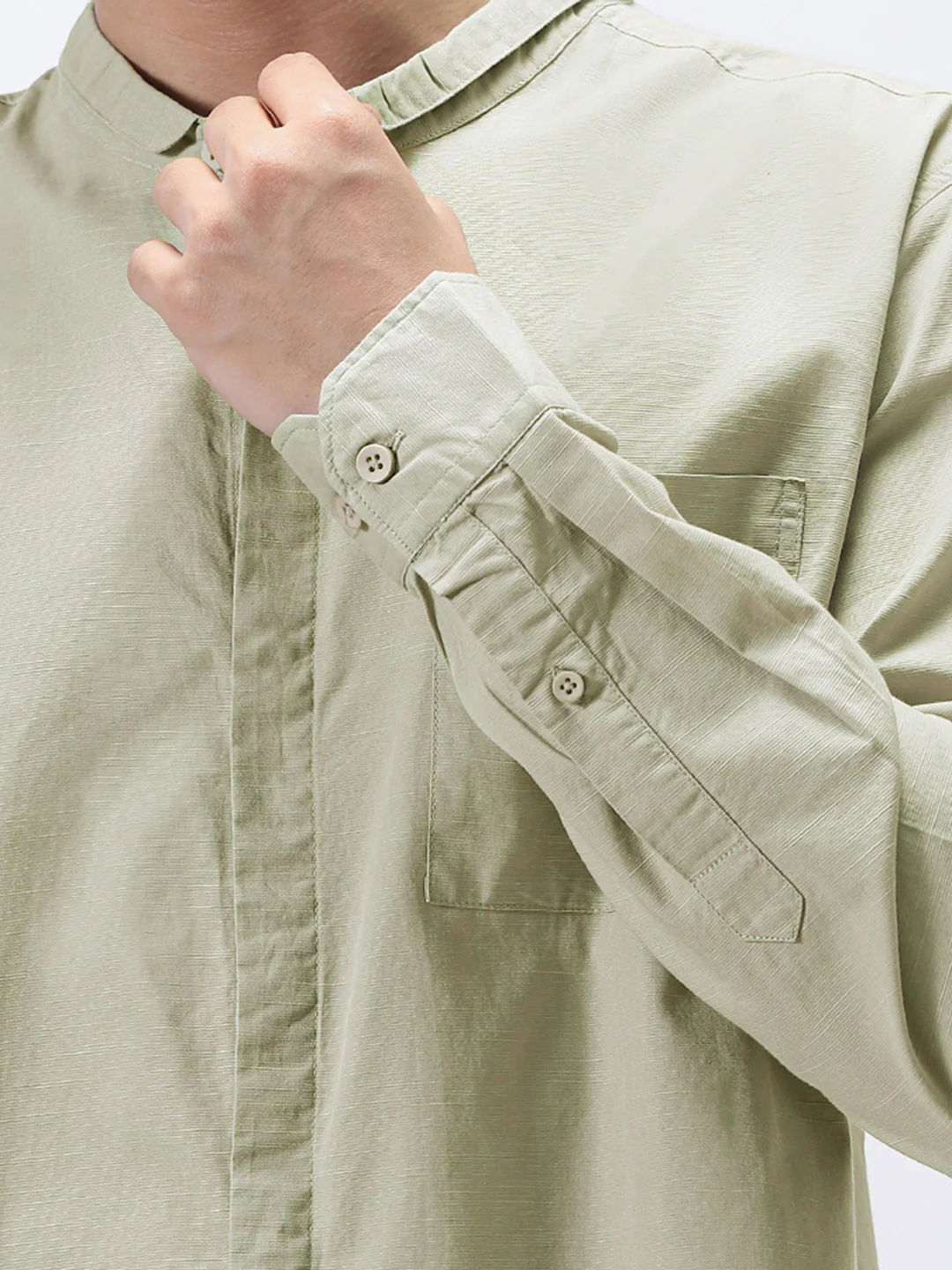 Men's Light Olive Cotton Full Sleeve Regular Fit Casual Solid Shirt with Band Collar - Image 6
