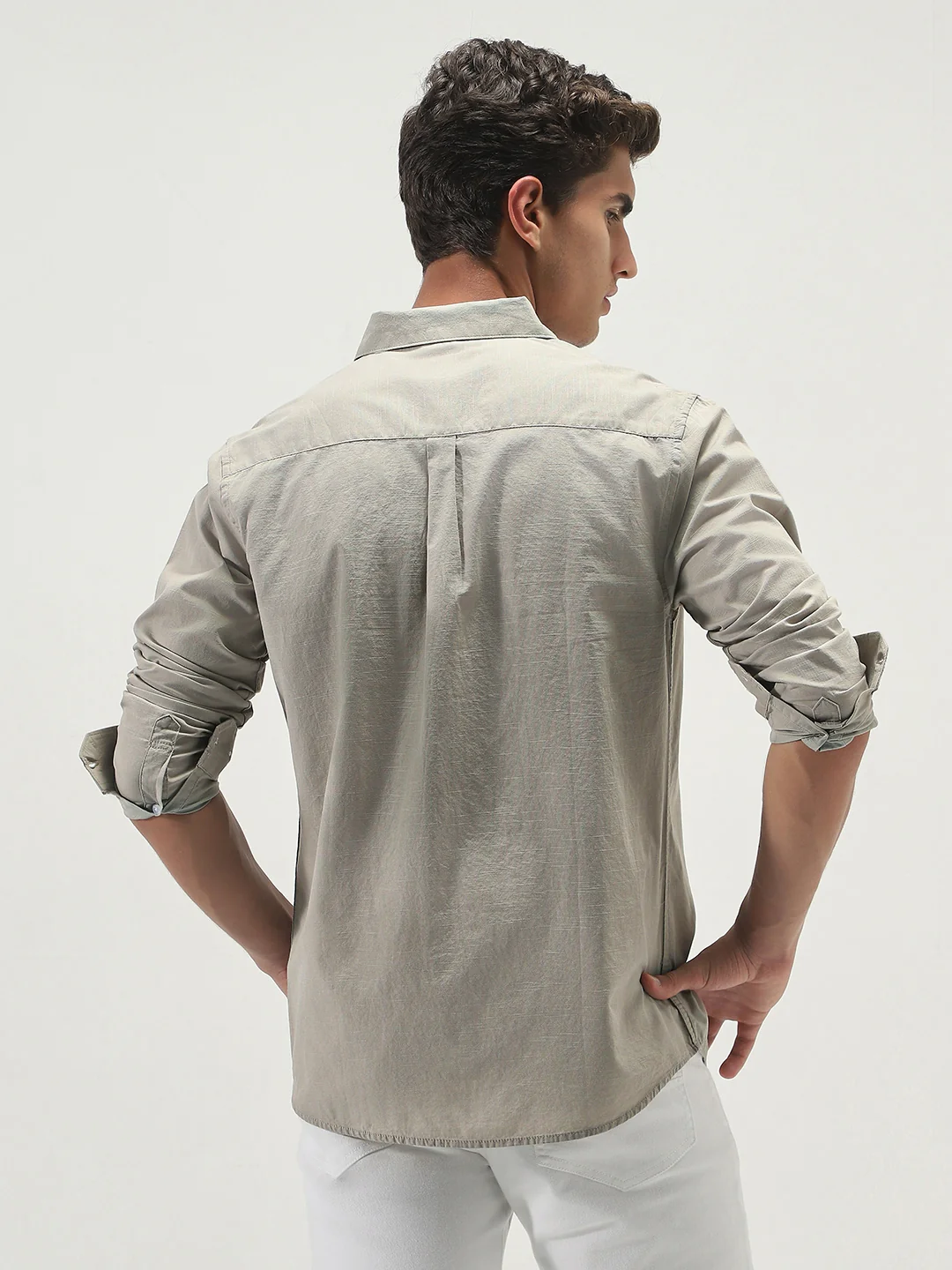 Men's Light Olive Cotton Full Sleeve Regular Fit Casual Solid Slub Shirt with Spread Collar - Image 3