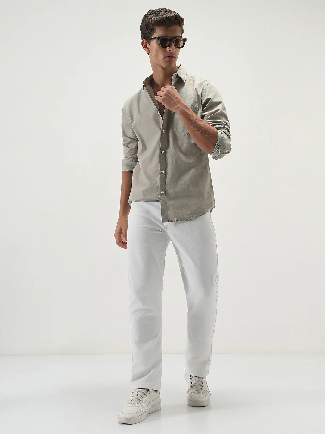 Men's Light Olive Cotton Full Sleeve Regular Fit Casual Solid Slub Shirt with Spread Collar - Image 4