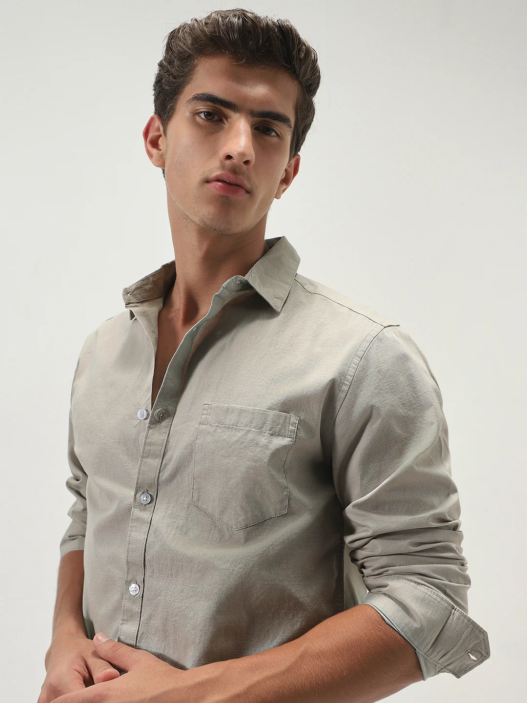 Men's Light Olive Cotton Full Sleeve Regular Fit Casual Solid Slub Shirt with Spread Collar - Image 5
