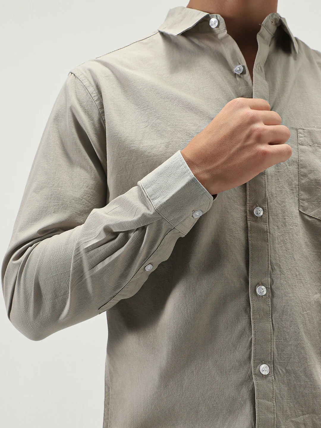Men's Light Olive Cotton Full Sleeve Regular Fit Casual Solid Slub Shirt with Spread Collar - Image 6