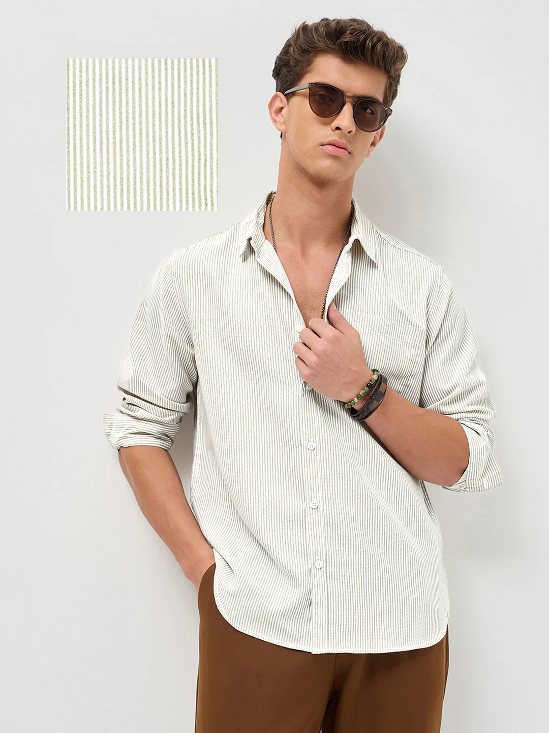 Men's Light Olive Cotton Full Sleeve Regular Fit Casual Striped Shirt - Image 2