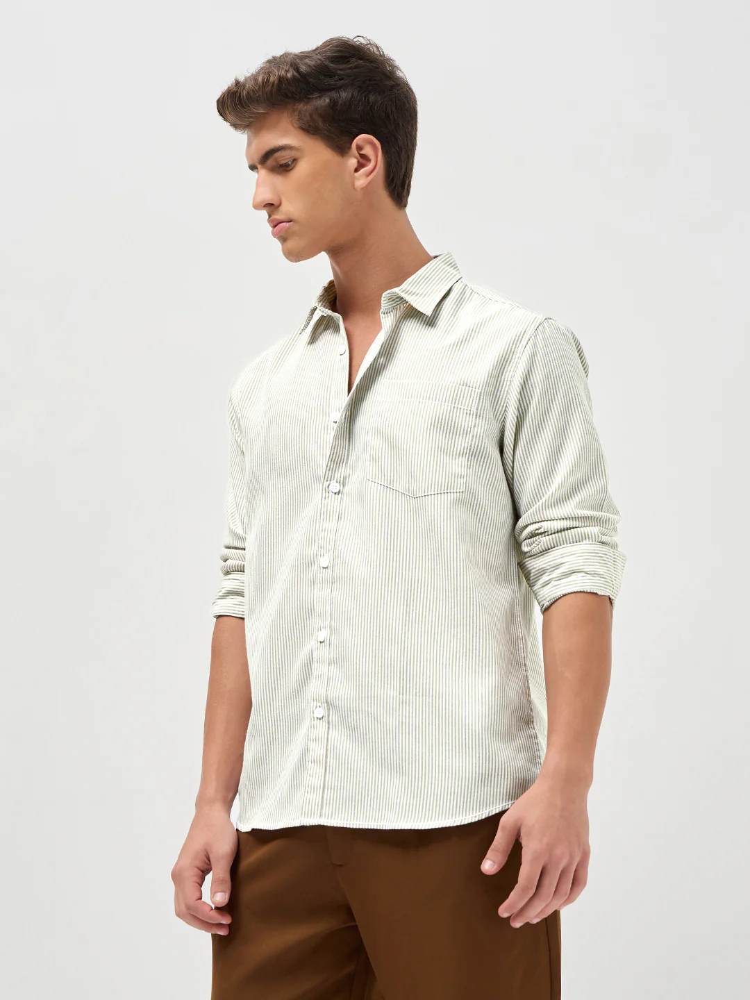 Men's Light Olive Cotton Full Sleeve Regular Fit Casual Striped Shirt - Image 3