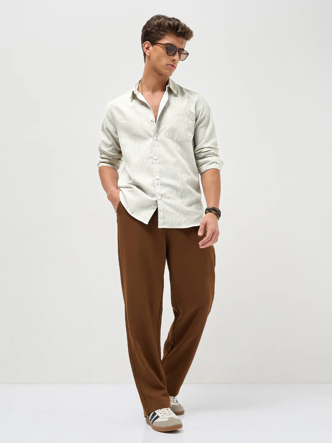 Men's Light Olive Cotton Full Sleeve Regular Fit Casual Striped Shirt - Image 5