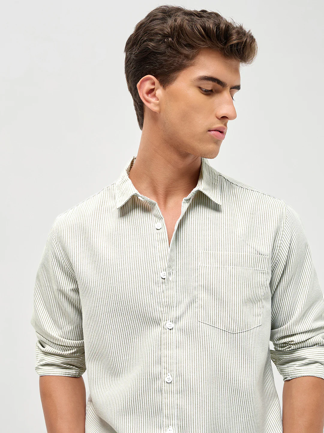 Men's Light Olive Cotton Full Sleeve Regular Fit Casual Striped Shirt - Image 6