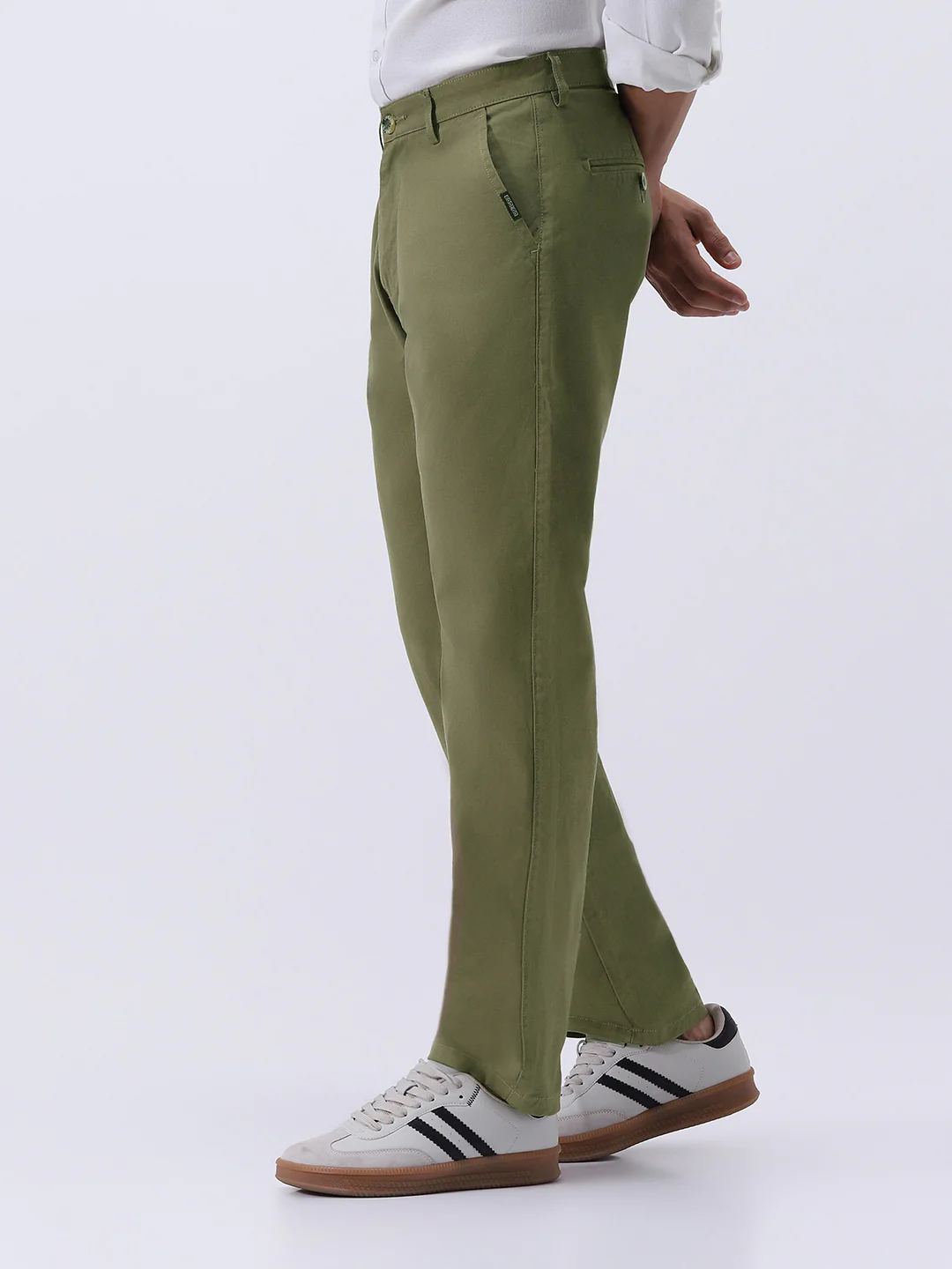 Men's Light Olive Cotton Regular Fit Casual Chinos Trousers Stretch - Image 2