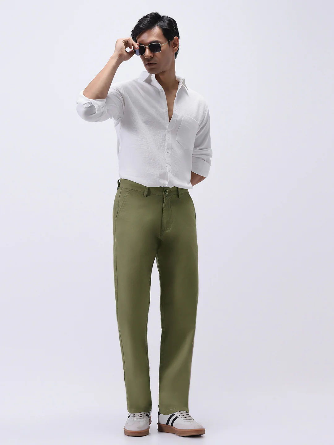 Men's Light Olive Cotton Regular Fit Casual Chinos Trousers Stretch - Image 4