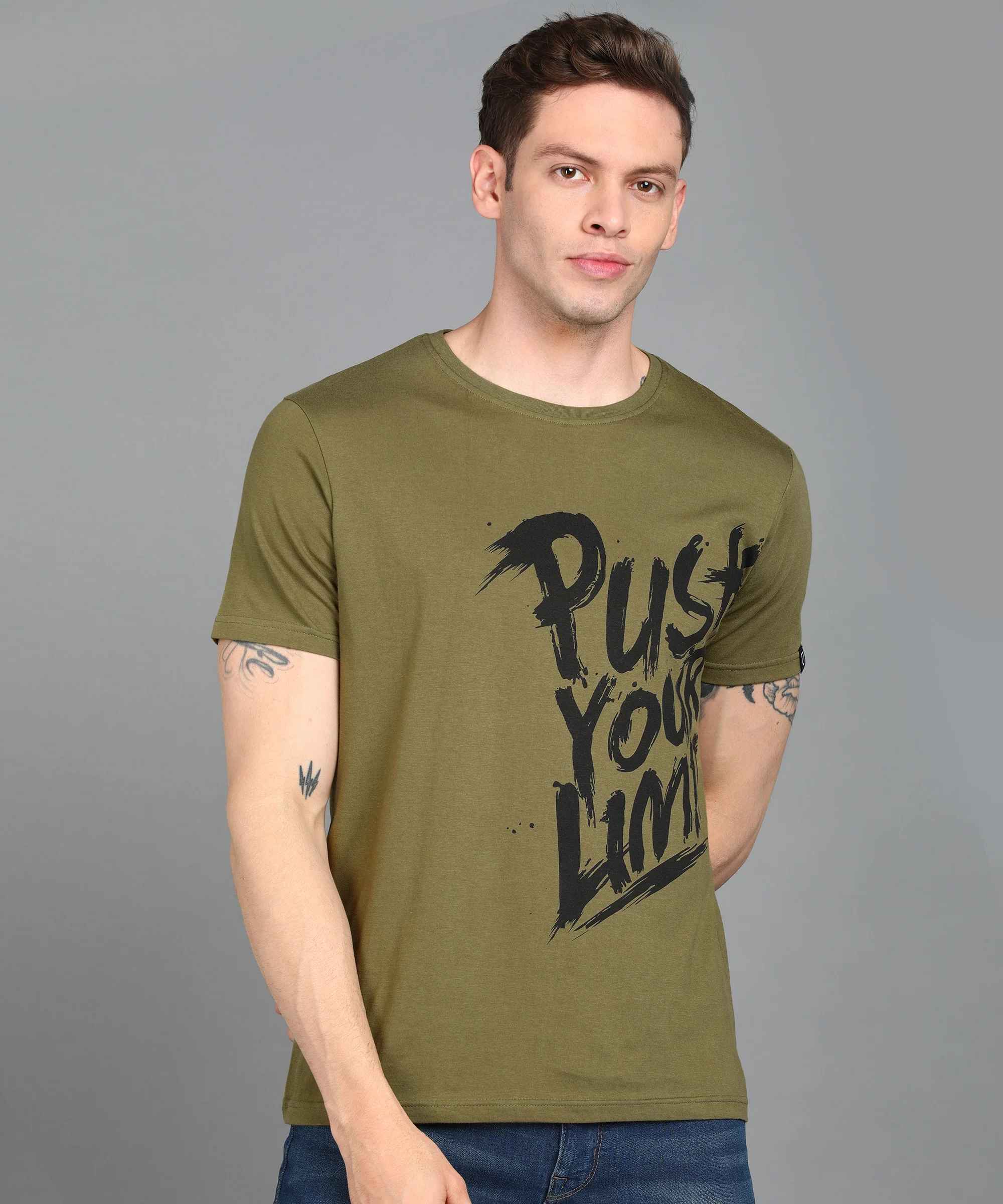 Urbano Fashion Men's Light Olive Graphic Printed Round Neck Half Sleeve Slim Fit Cotton T-Shirt