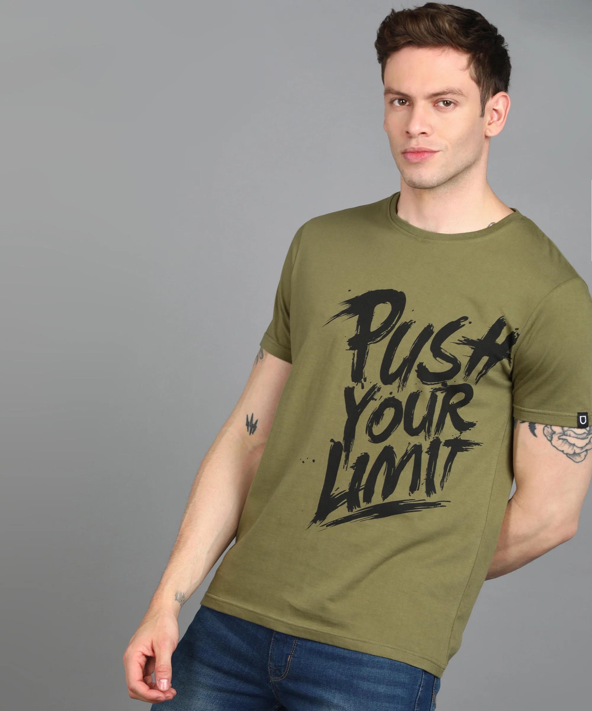 Urbano Fashion Men's Light Olive Graphic Printed Round Neck Half Sleeve Slim Fit Cotton T-Shirt - Image 2