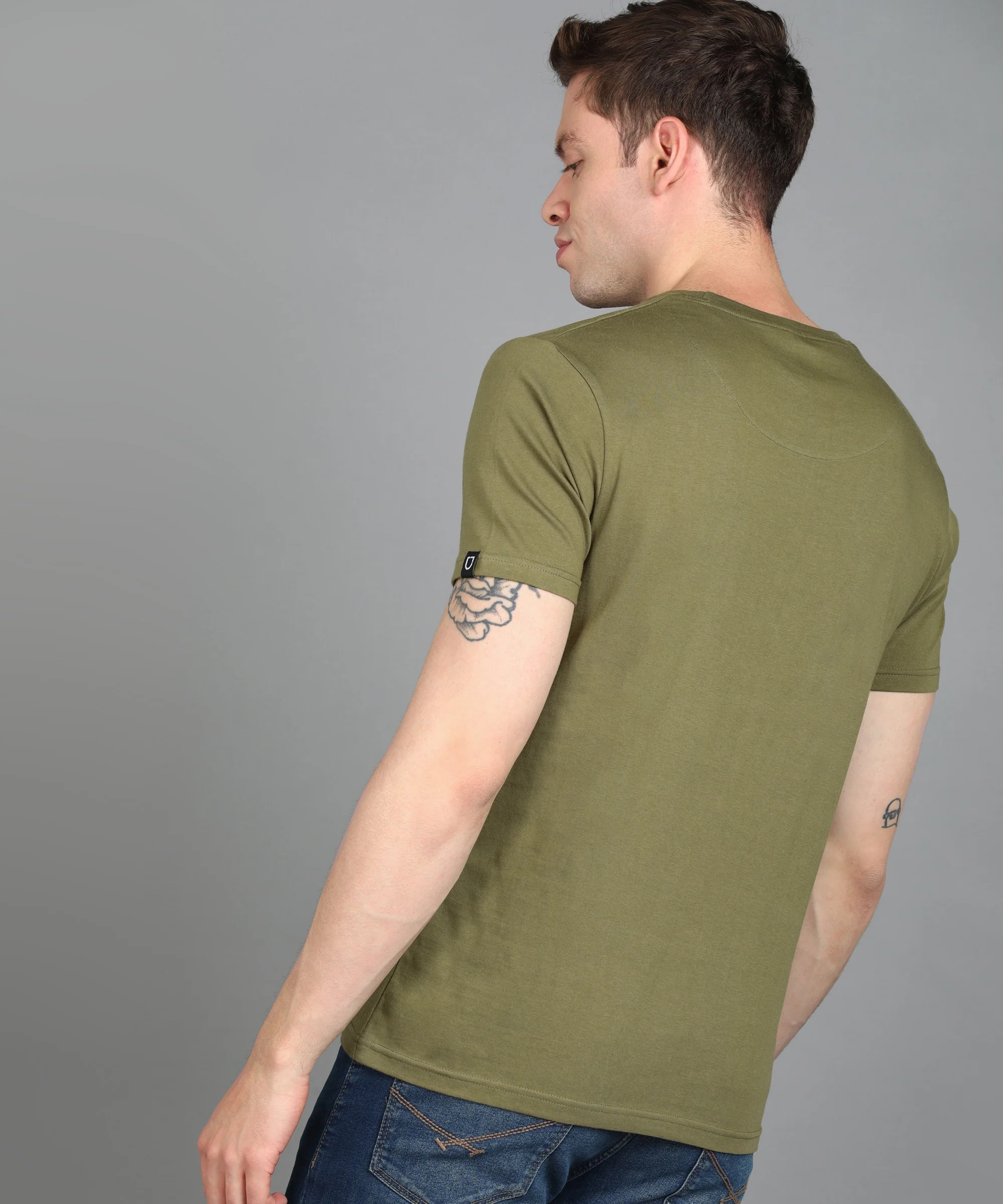 Urbano Fashion Men's Light Olive Graphic Printed Round Neck Half Sleeve Slim Fit Cotton T-Shirt - Image 3