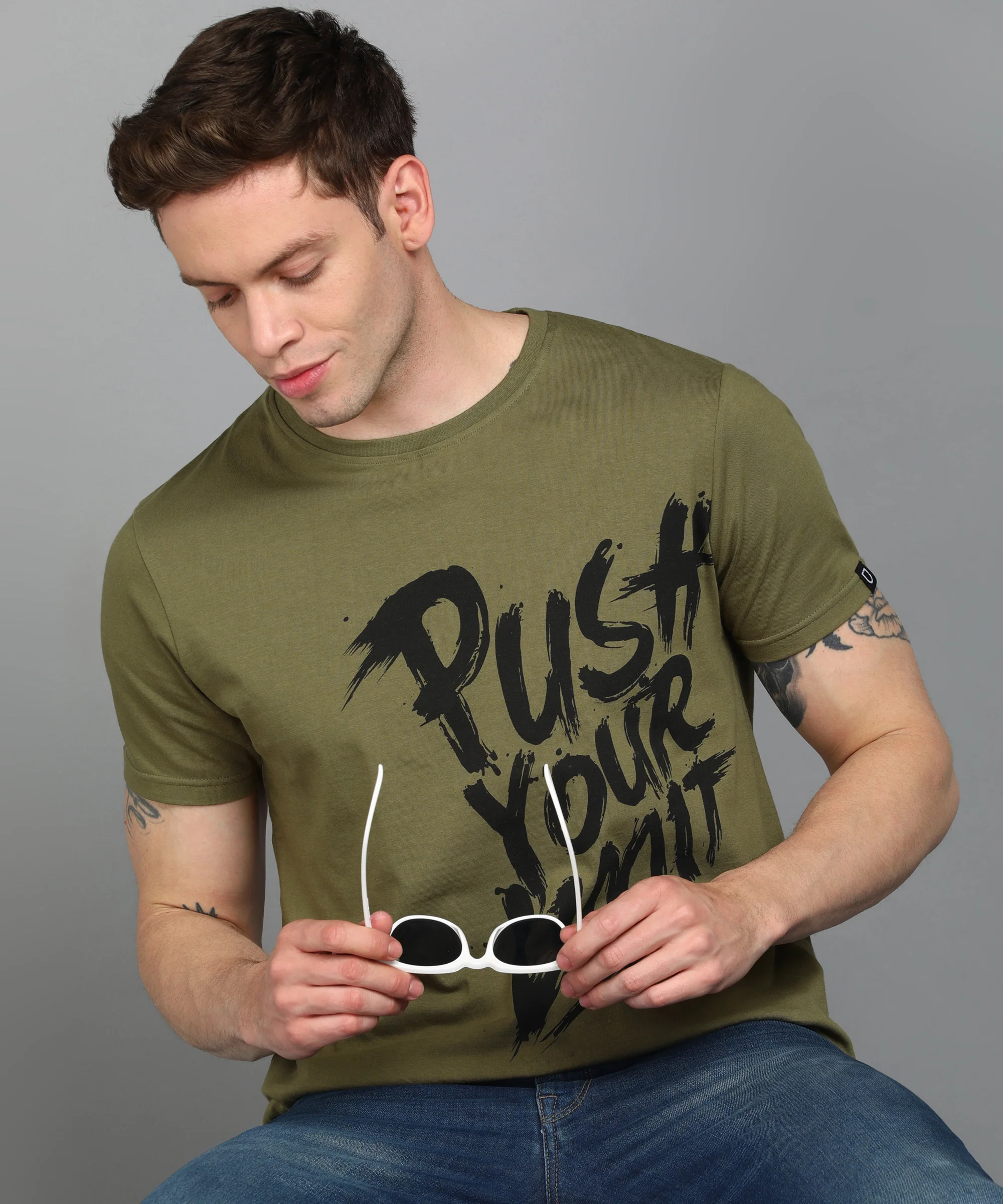 Urbano Fashion Men's Light Olive Graphic Printed Round Neck Half Sleeve Slim Fit Cotton T-Shirt - Image 4