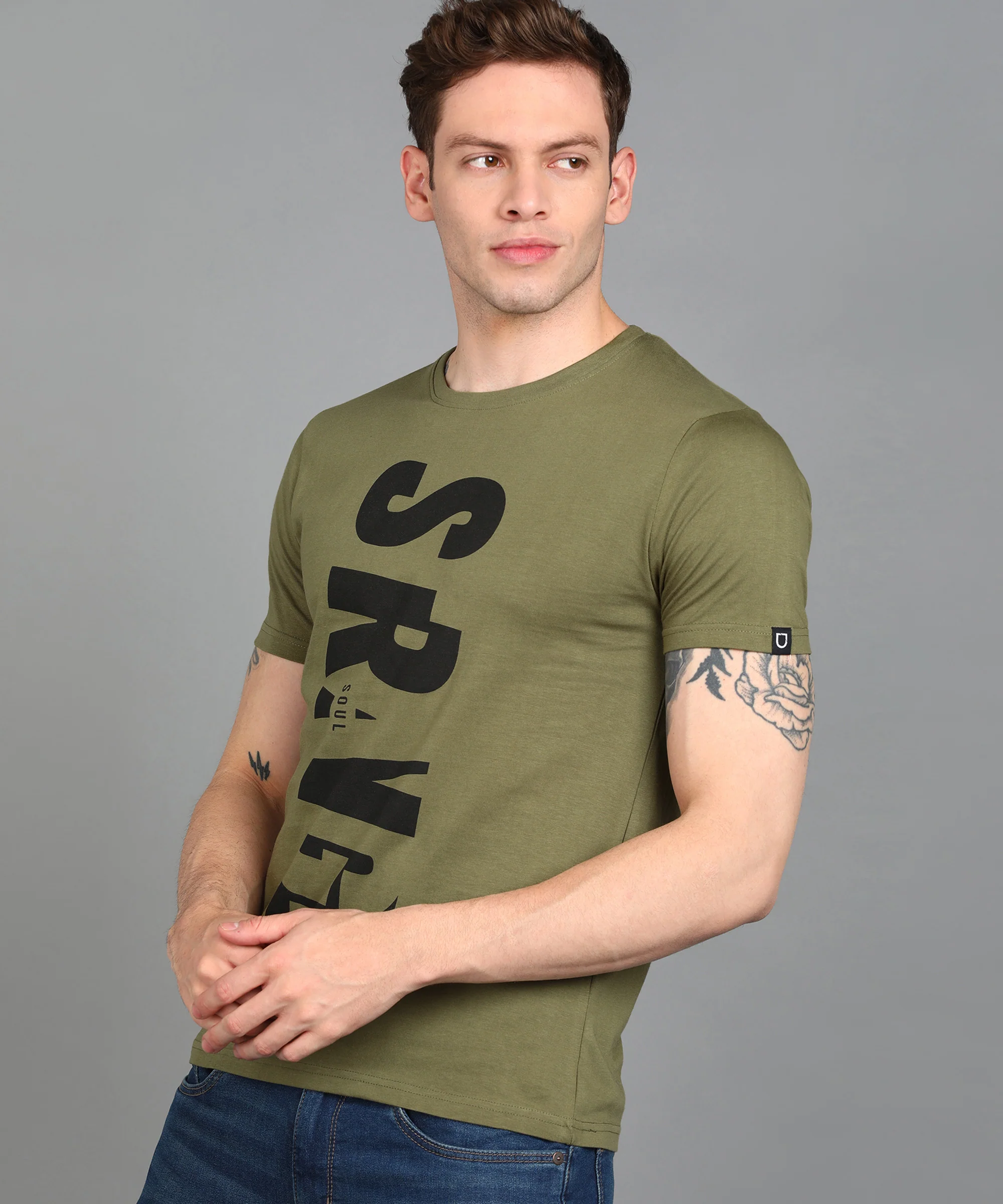 Urbano Fashion Men's Light Olive Graphic Printed Round Neck Half Sleeve Slim Fit Cotton T-Shirt - Image 2