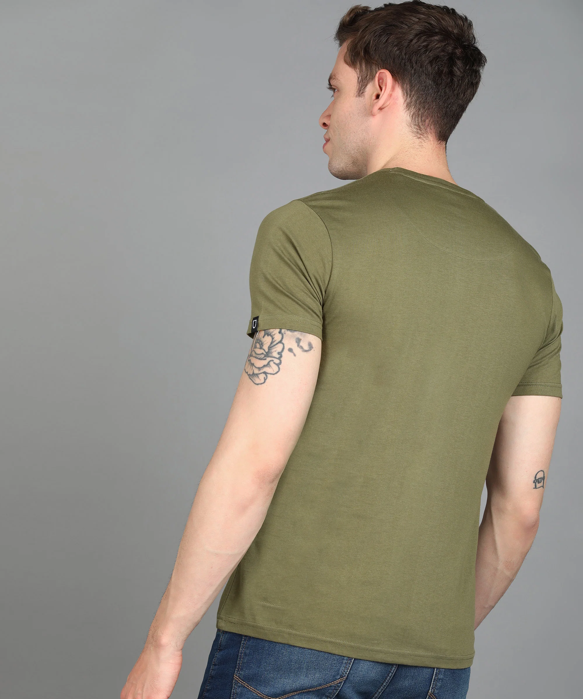 Urbano Fashion Men's Light Olive Graphic Printed Round Neck Half Sleeve Slim Fit Cotton T-Shirt - Image 3