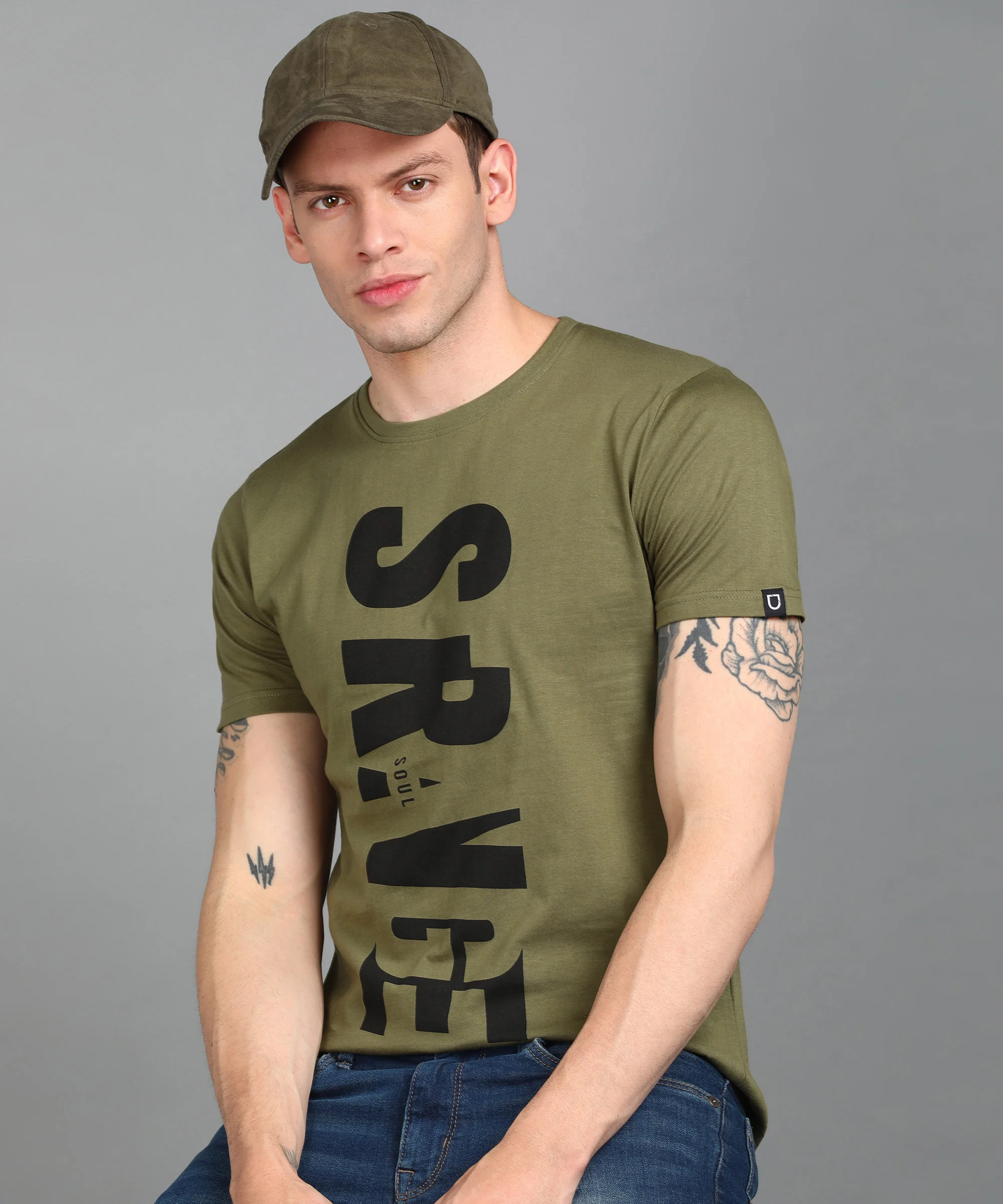 Urbano Fashion Men's Light Olive Graphic Printed Round Neck Half Sleeve Slim Fit Cotton T-Shirt - Image 4